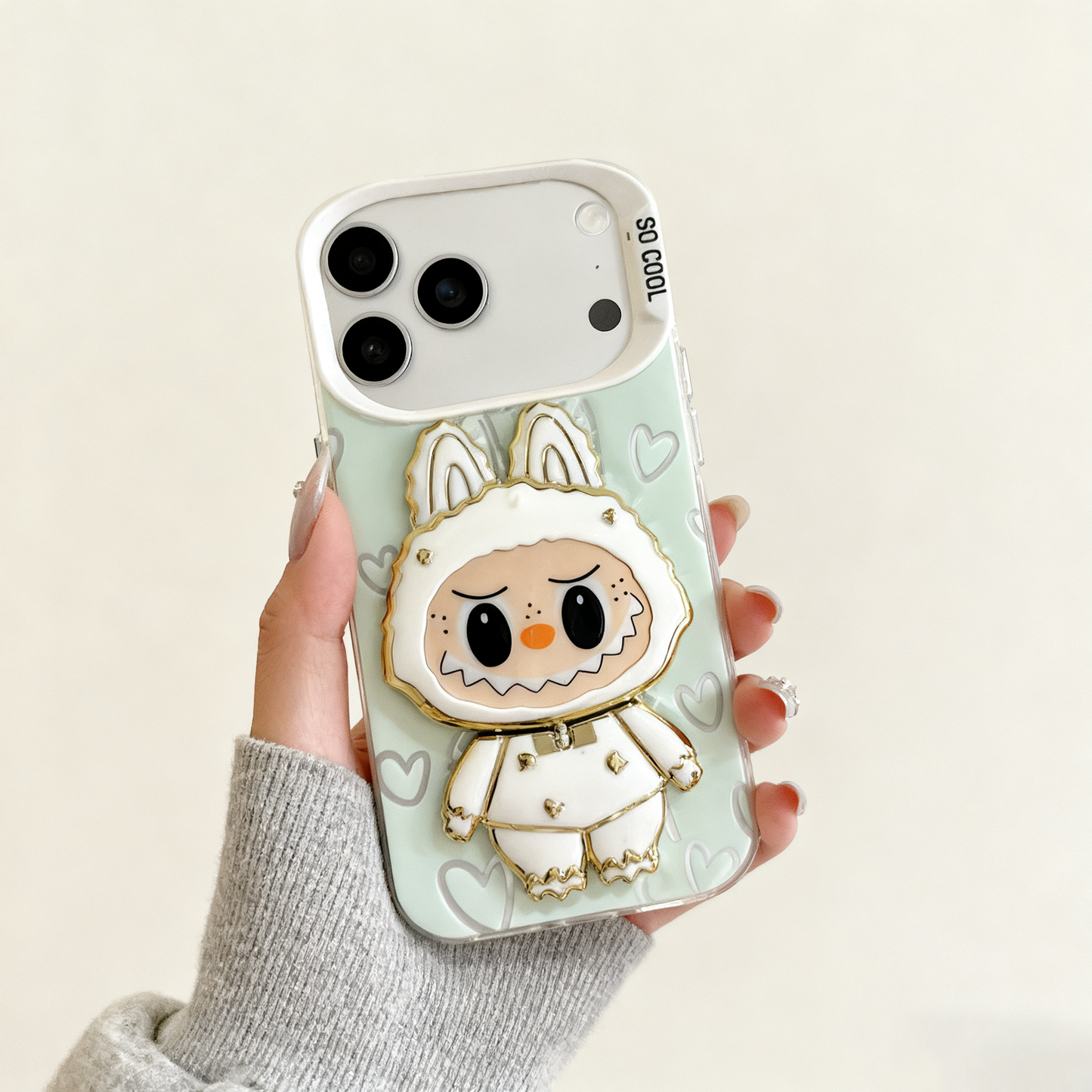 Aesthetic Clear iPhone 17 Case - Kawaii Cartoon with Mirror & Heart Details